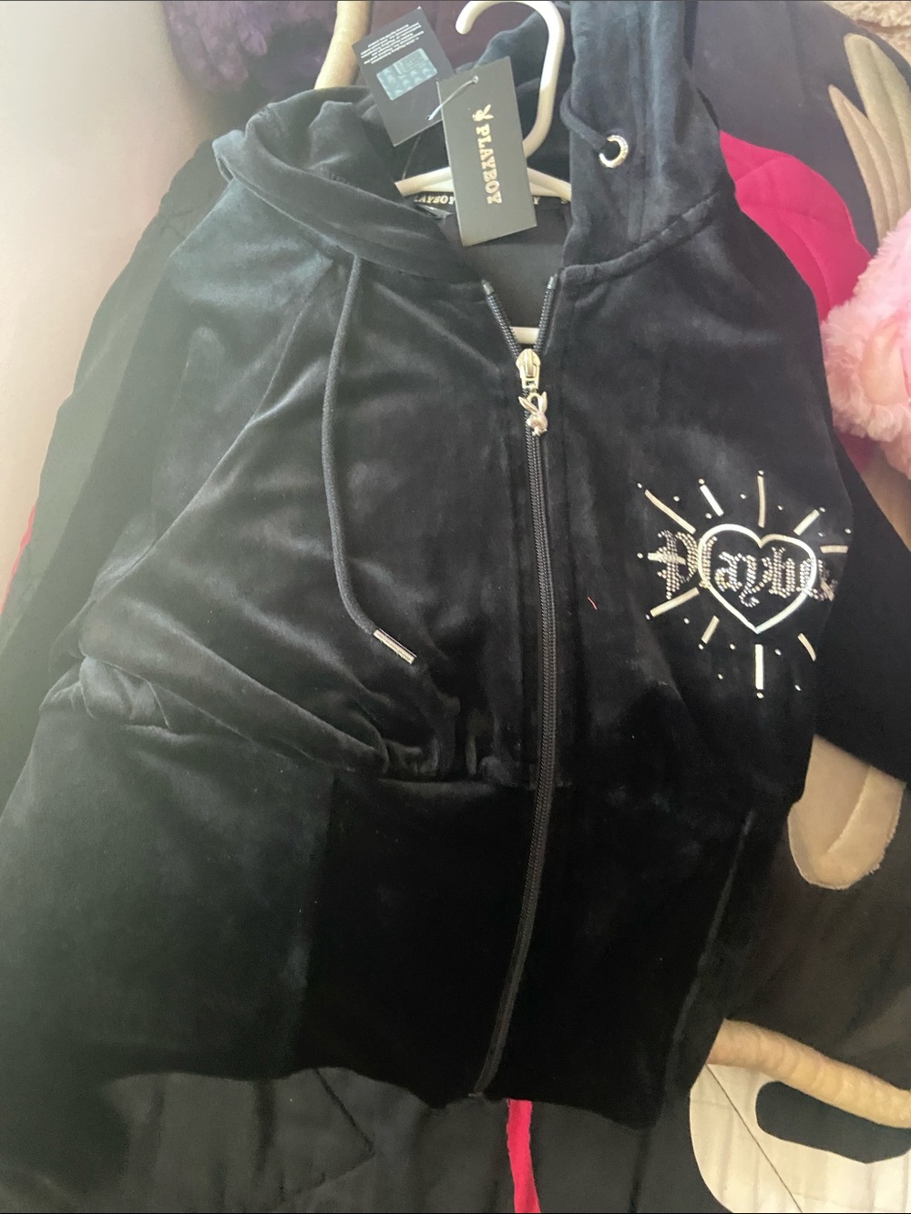Black Velour Zip Hoodie with Embellished Heart Logo playboy